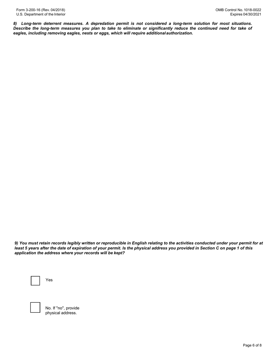 FWS Form 3-200-16 Federal Fish and Wildlife Permit Application Form - Take of Depredating Eagles  Eagles That Pose a Risk to Human or Eagle Health or Safety, Page 6