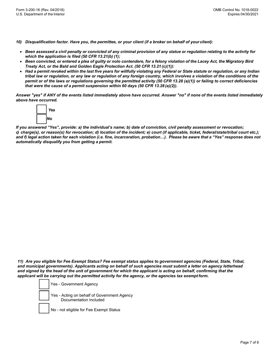 FWS Form 3-200-16 Federal Fish and Wildlife Permit Application Form - Take of Depredating Eagles  Eagles That Pose a Risk to Human or Eagle Health or Safety, Page 7