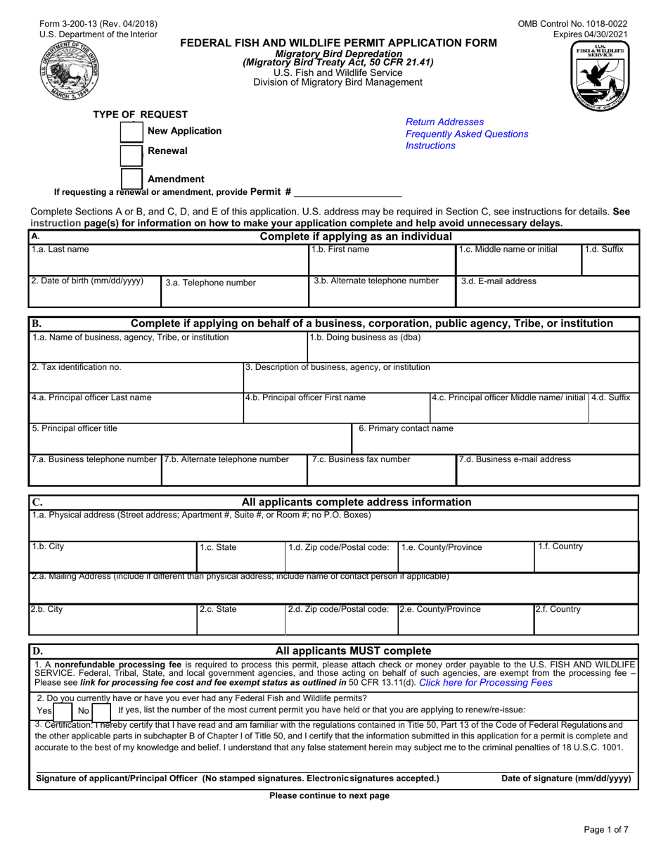 FWS Form 3-200-13 Federal Fish and Wildlife Permit Application Form - Migratory Bird Depredation, Page 1