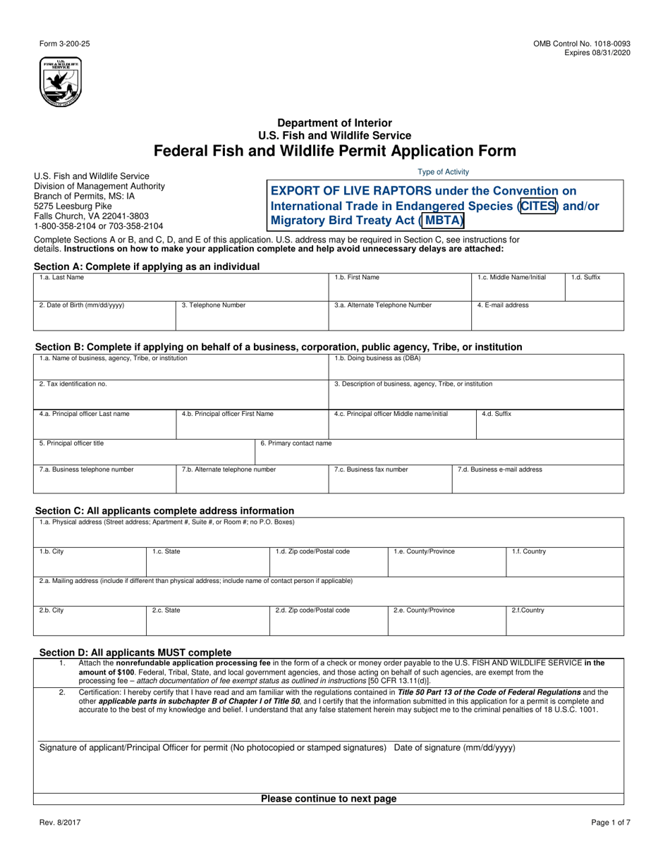 FWS Form 3-200-25 Federal Fish and Wildlife Permit Application Form - Export of Live Raptors Under the Convention on International Trade in Endangered Species (Cites) and/or Migratory Bird Treaty Act ( Mbta), Page 1