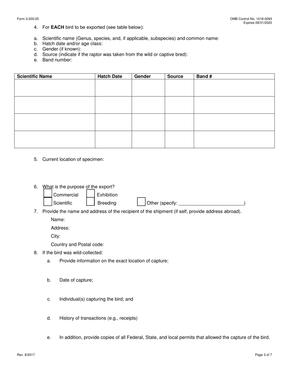 FWS Form 3-200-25 Federal Fish and Wildlife Permit Application Form - Export of Live Raptors Under the Convention on International Trade in Endangered Species (Cites) and / or Migratory Bird Treaty Act ( Mbta), Page 3