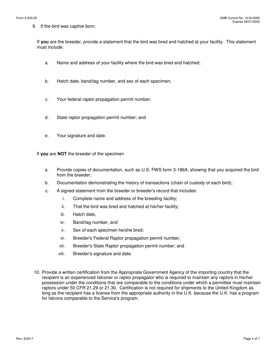 FWS Form 3-200-25 Federal Fish and Wildlife Permit Application Form - Export of Live Raptors Under the Convention on International Trade in Endangered Species (Cites) and / or Migratory Bird Treaty Act ( Mbta), Page 4