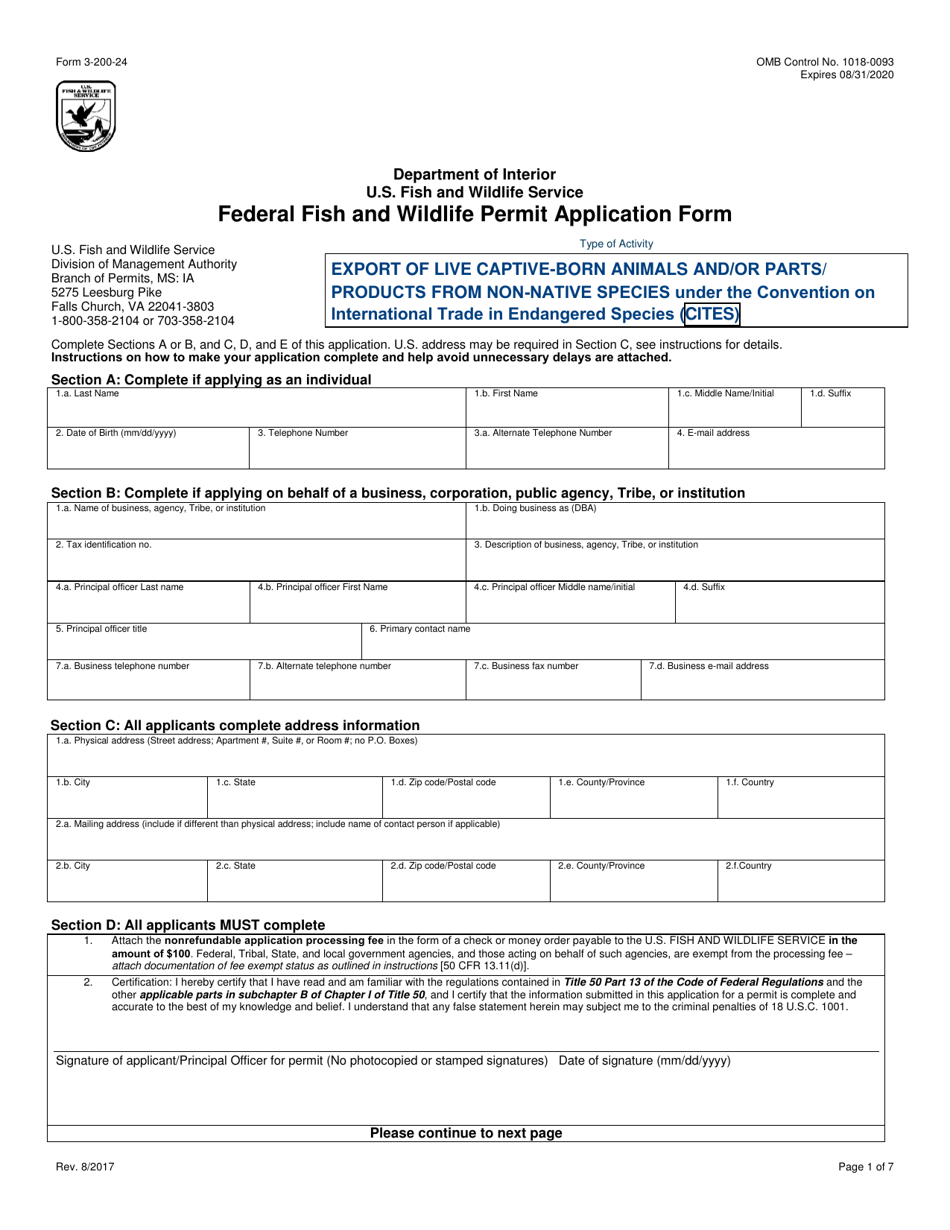 FWS Form 3-200-24 Federal Fish and Wildlife Permit Application Form - Export of Live Captive-Born Animals and/or Parts/Products From Non-native Species Under the Convention on International Trade in Endangered Species (Cites), Page 1