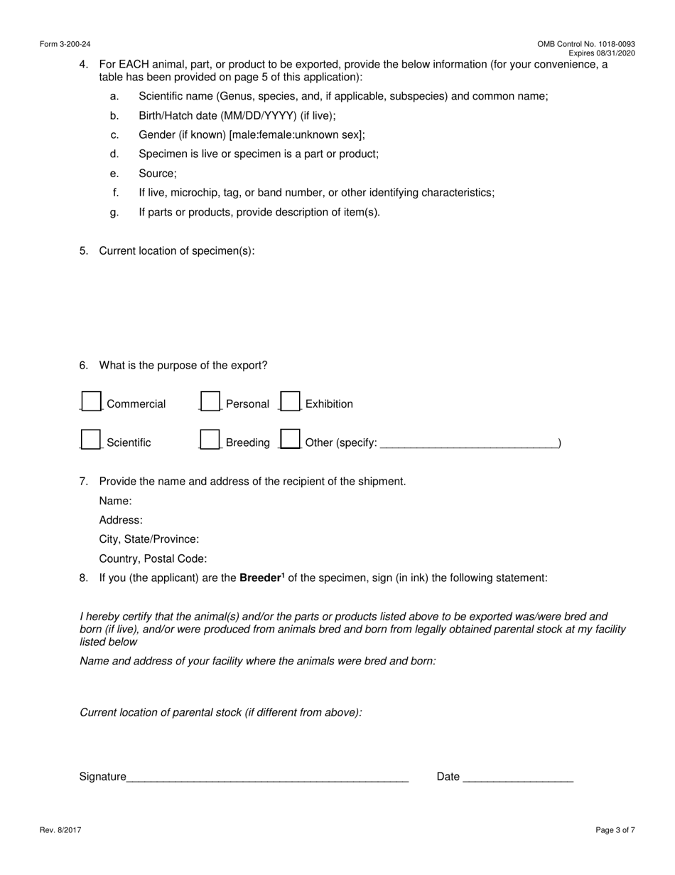 FWS Form 3-200-24 Federal Fish and Wildlife Permit Application Form - Export of Live Captive-Born Animals and / or Parts / Products From Non-native Species Under the Convention on International Trade in Endangered Species (Cites), Page 3