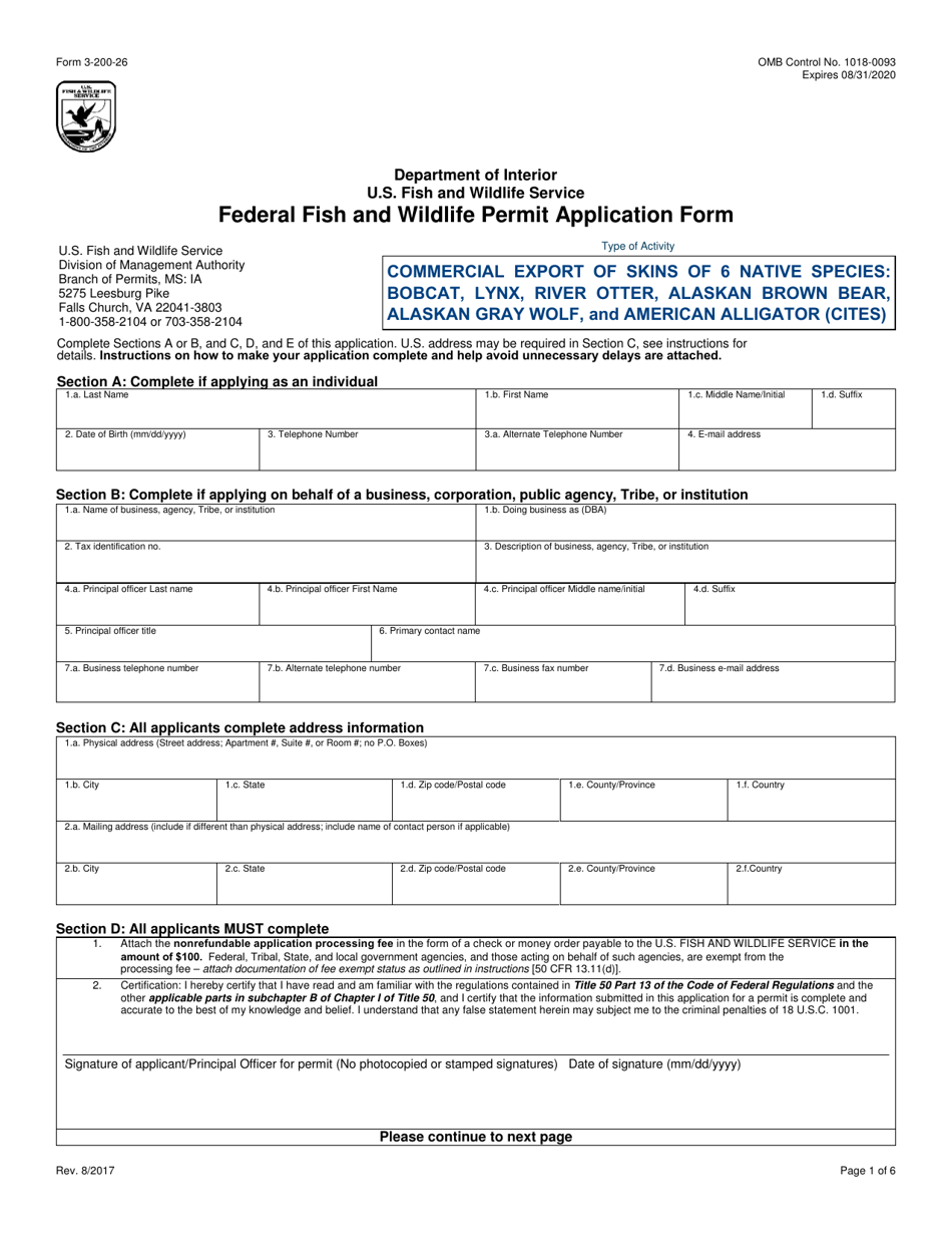 FWS Form 3-200-26 Federal Fish and Wildlife Permit Application Form - Commercial Export of Skins of 6 Native Species: Bobcat, Lynx, River Otter, Alaskan Brown Bear, Alaskan Gray Wolf, and American Alligator (Cites), Page 1