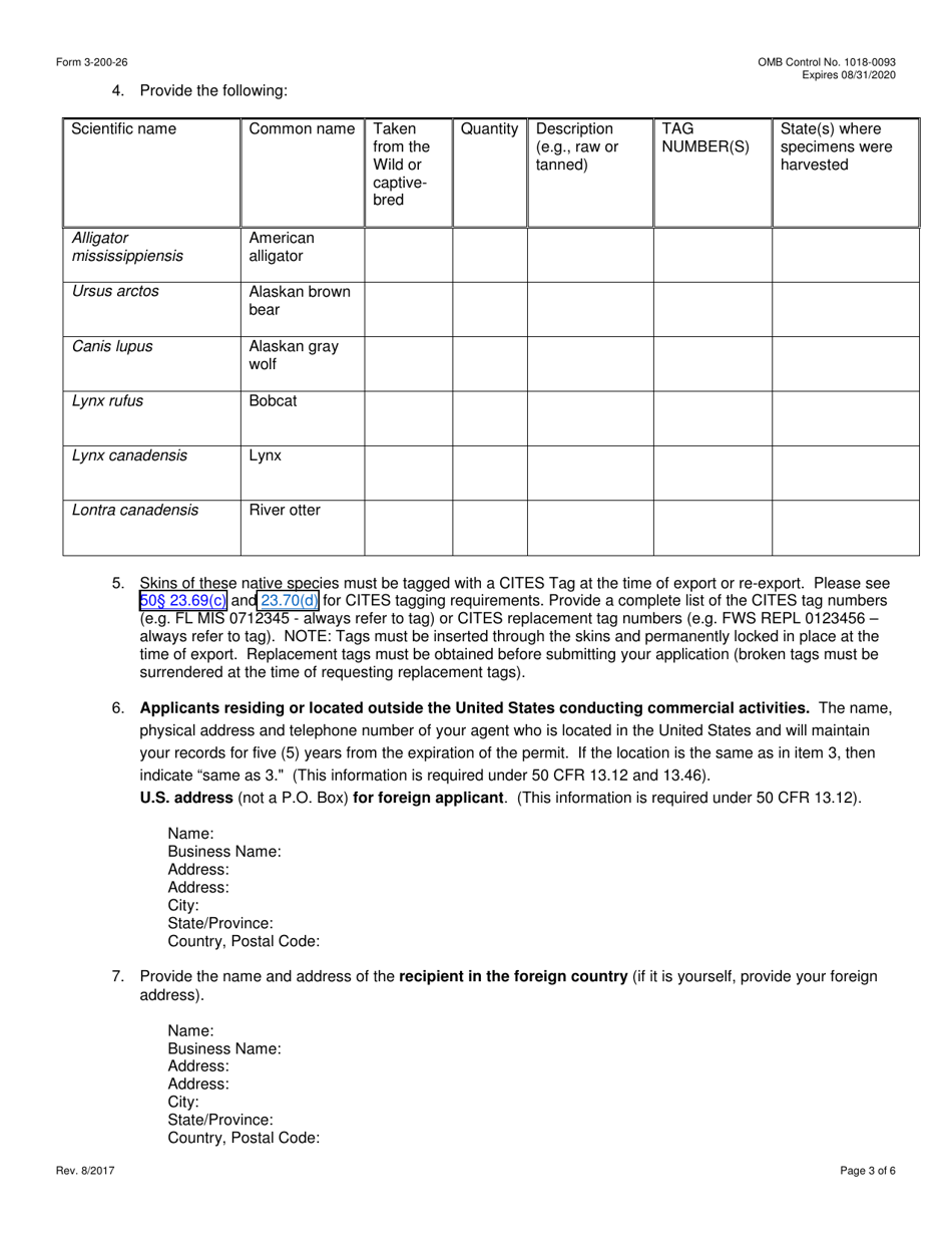 FWS Form 3-200-26 Federal Fish and Wildlife Permit Application Form - Commercial Export of Skins of 6 Native Species: Bobcat, Lynx, River Otter, Alaskan Brown Bear, Alaskan Gray Wolf, and American Alligator (Cites), Page 3