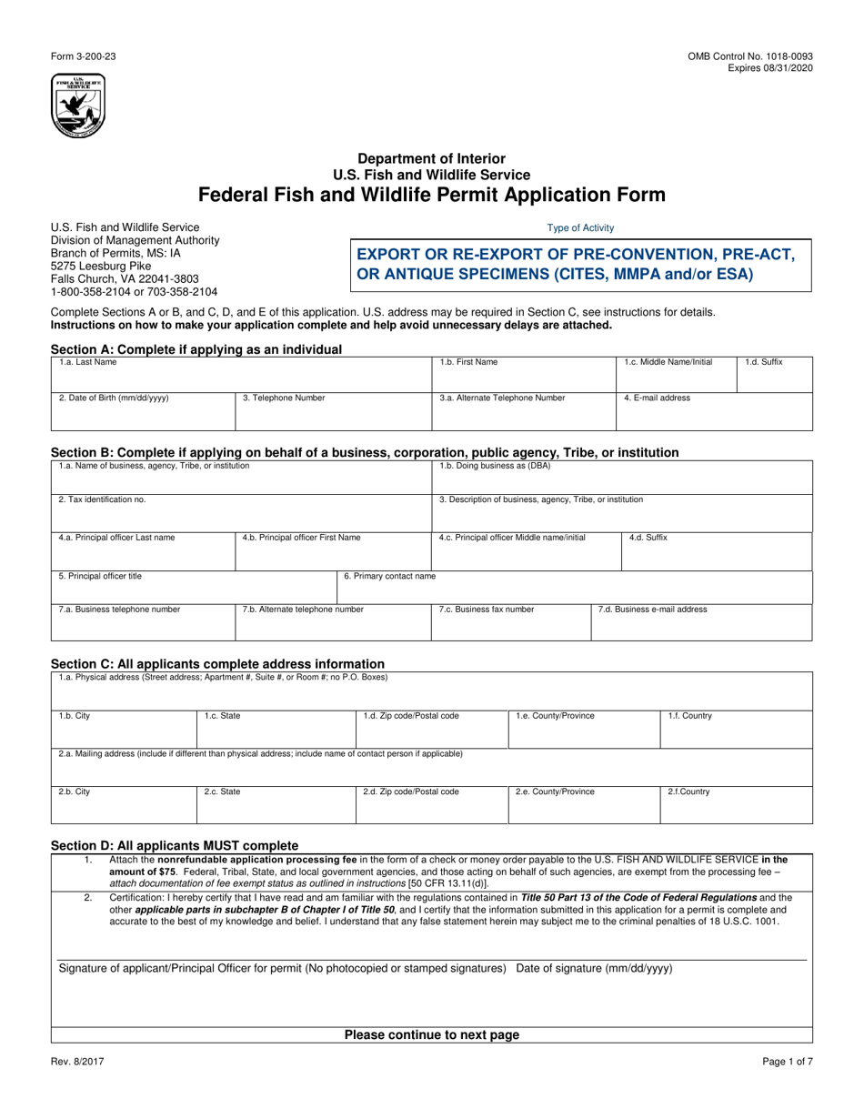 FWS Form 3-200-23 Federal Fish and Wildlife Permit Application Form - Export or Re-export of Pre-convention, Pre-act, or Antique Specimens (Cites, Mmpa and/or Esa), Page 1