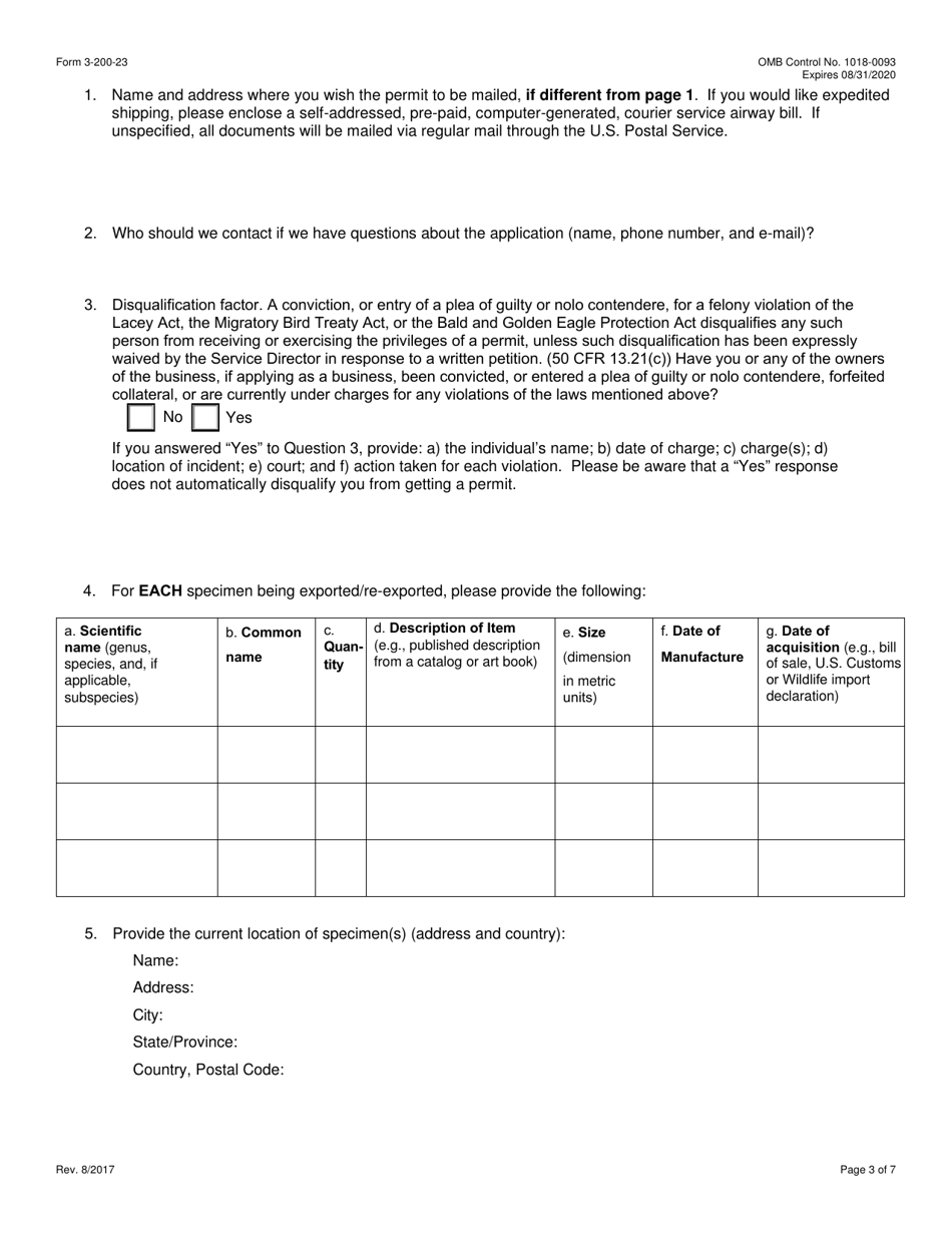 FWS Form 3-200-23 Federal Fish and Wildlife Permit Application Form - Export or Re-export of Pre-convention, Pre-act, or Antique Specimens (Cites, Mmpa and / or Esa), Page 3