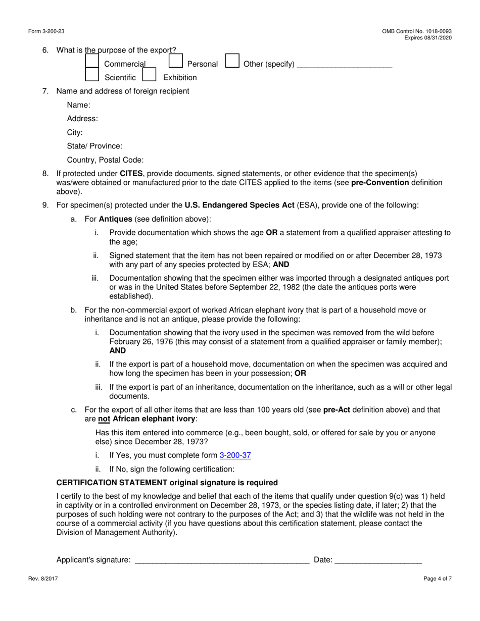FWS Form 3-200-23 Federal Fish and Wildlife Permit Application Form - Export or Re-export of Pre-convention, Pre-act, or Antique Specimens (Cites, Mmpa and / or Esa), Page 4