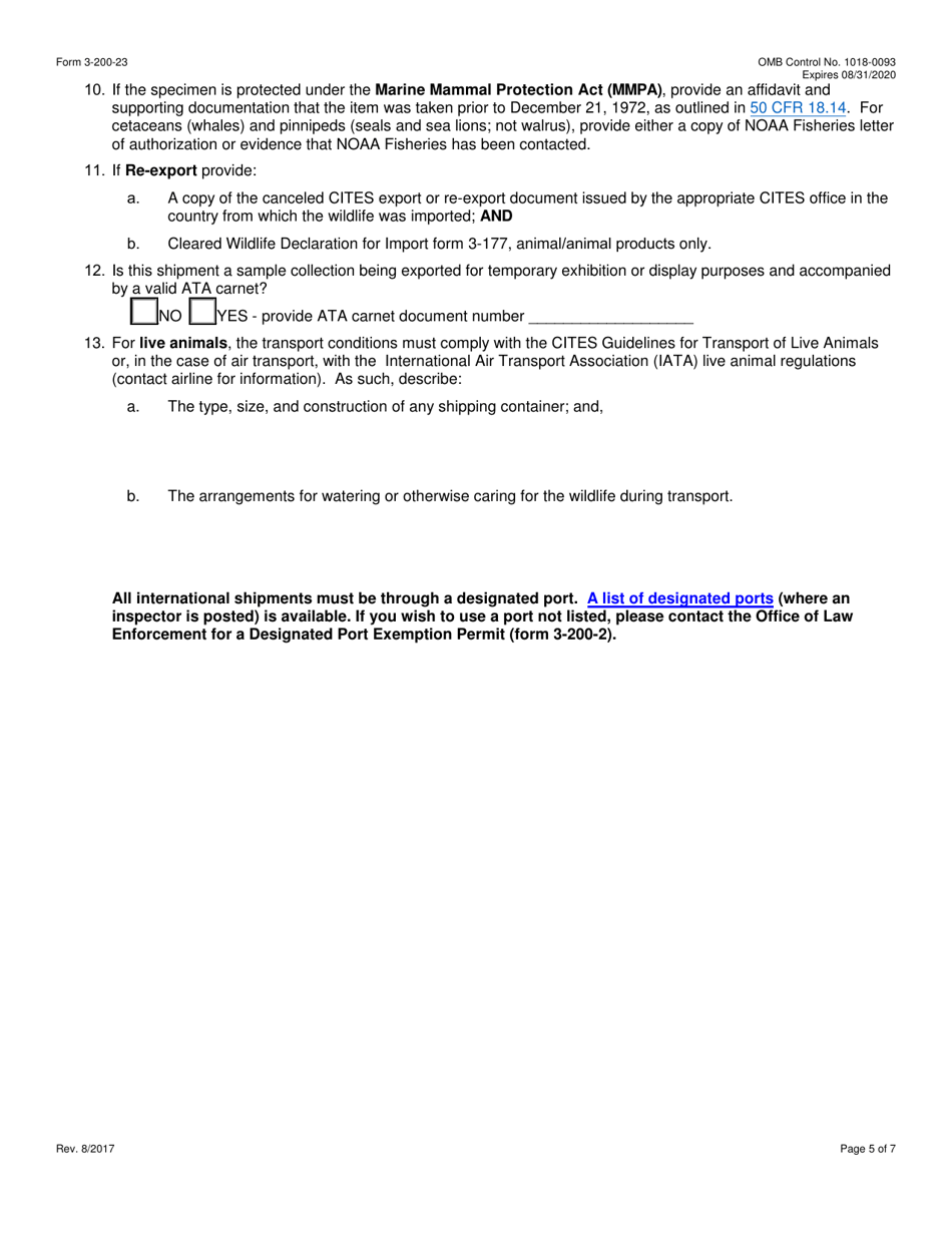 FWS Form 3-200-23 Federal Fish and Wildlife Permit Application Form - Export or Re-export of Pre-convention, Pre-act, or Antique Specimens (Cites, Mmpa and / or Esa), Page 5