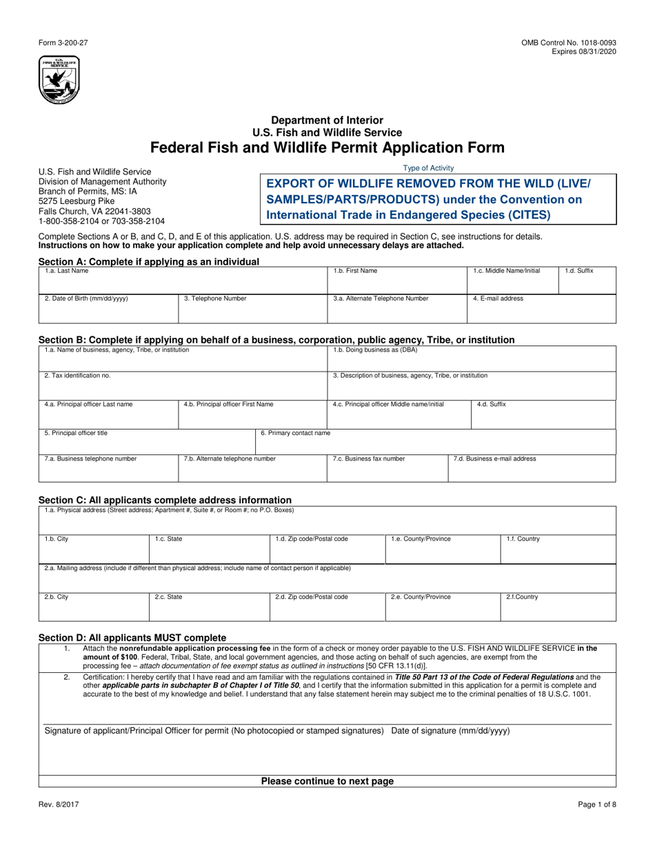 FWS Form 3-200-27 Federal Fish and Wildlife Permit Application Form - Export of Wildlife Removed From the Wild (Live/ Samples/Parts/Products) Under the Convention on International Trade in Endangered Species (Cites), Page 1