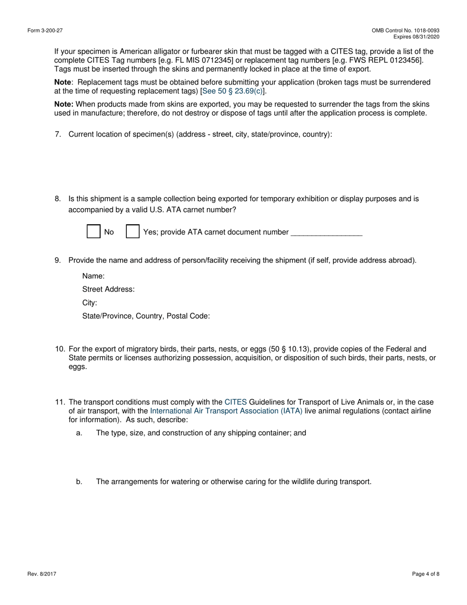 FWS Form 3-200-27 Federal Fish and Wildlife Permit Application Form - Export of Wildlife Removed From the Wild (Live / Samples / Parts / Products) Under the Convention on International Trade in Endangered Species (Cites), Page 4