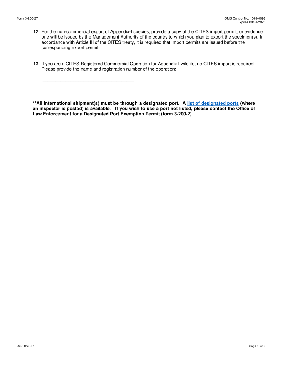 FWS Form 3-200-27 Federal Fish and Wildlife Permit Application Form - Export of Wildlife Removed From the Wild (Live / Samples / Parts / Products) Under the Convention on International Trade in Endangered Species (Cites), Page 5