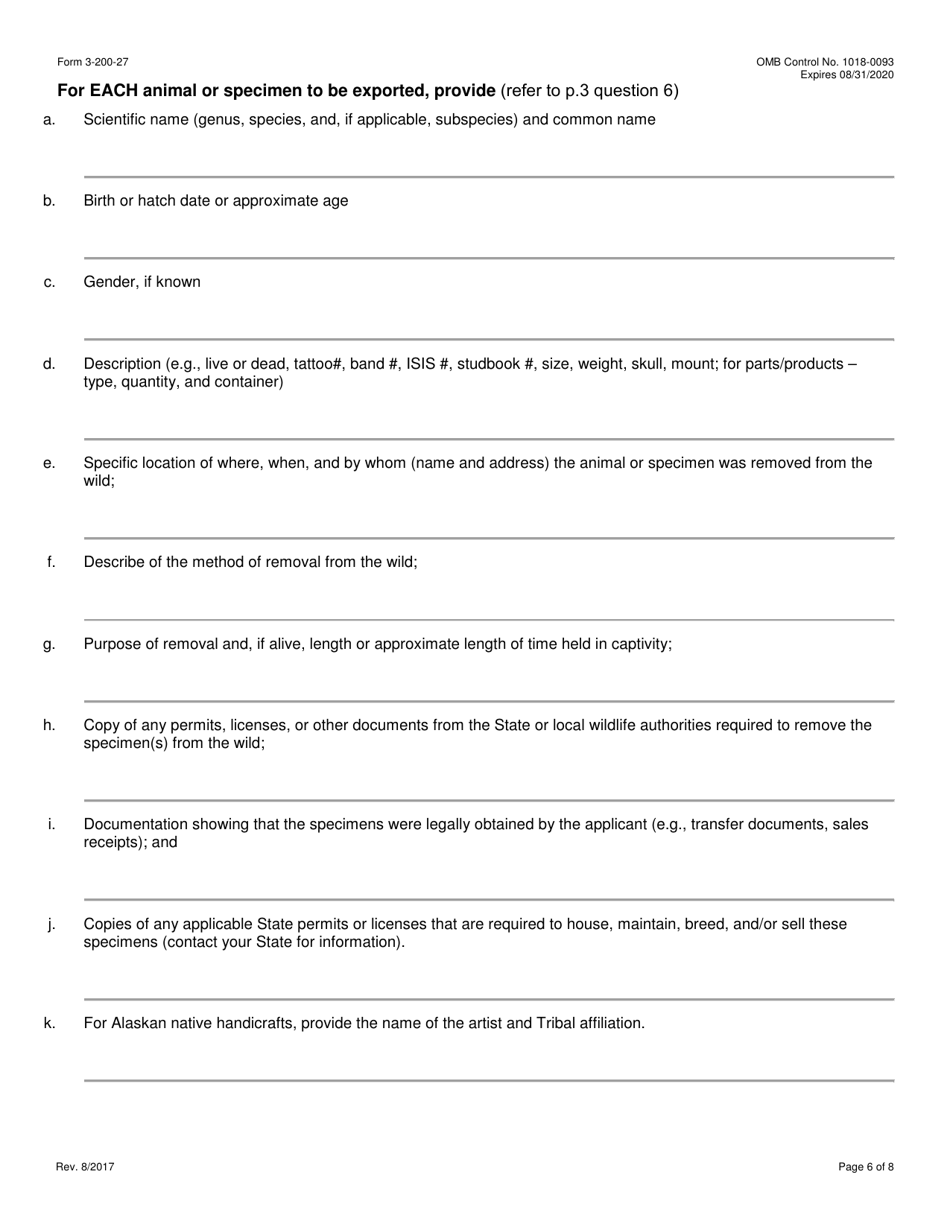 FWS Form 3-200-27 Federal Fish and Wildlife Permit Application Form - Export of Wildlife Removed From the Wild (Live / Samples / Parts / Products) Under the Convention on International Trade in Endangered Species (Cites), Page 6