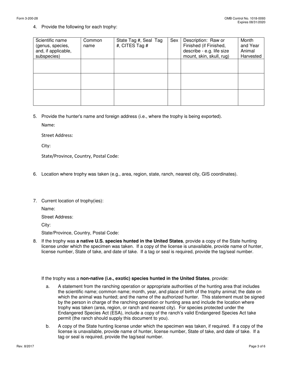 FWS Form 3-200-28 Federal Fish and Wildlife Permit Application Form - Export of Trophies by Hunters or Taxidermists Under the Convention on International Trade in Endangered Species (Cites), Page 3