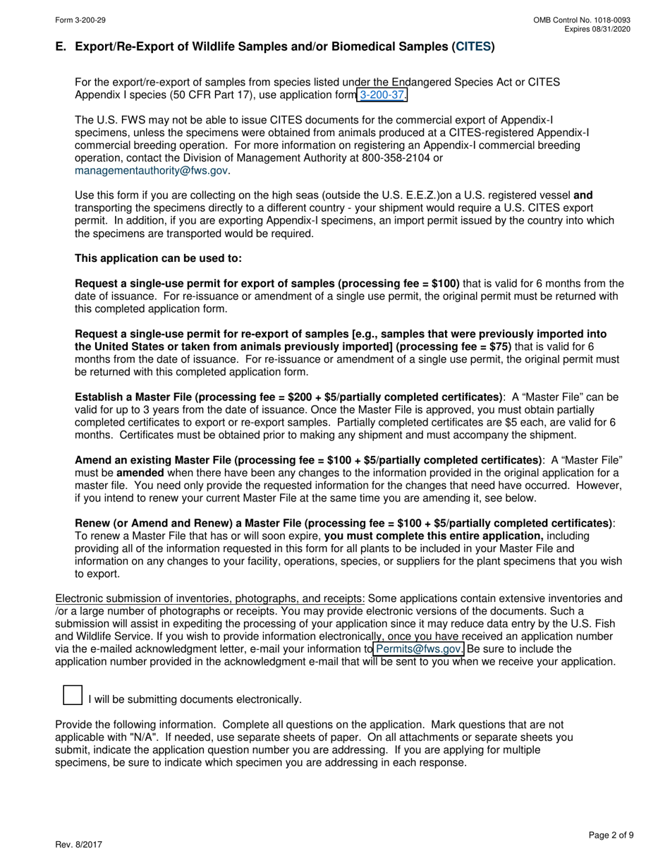 FWS Form 3-200-29 Federal Fish and Wildlife Permit Application Form - Export / Re-export / Master File of Wildlife Samples and / or Biomedical Samples Under the Convention on International Trade in Endangered Species (Cites), Page 2