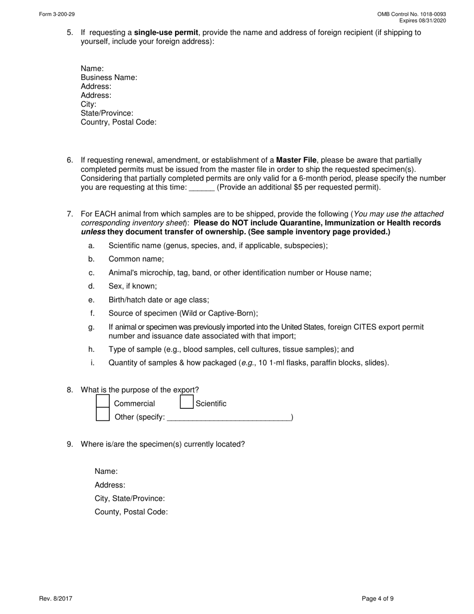 FWS Form 3-200-29 Federal Fish and Wildlife Permit Application Form - Export / Re-export / Master File of Wildlife Samples and / or Biomedical Samples Under the Convention on International Trade in Endangered Species (Cites), Page 4