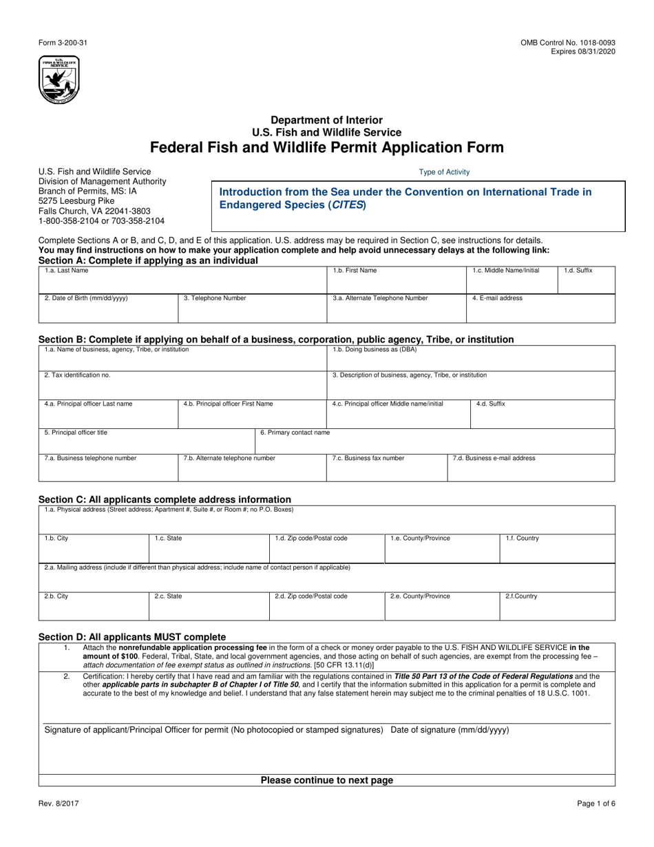 FWS Form 3-200-31 Federal Fish and Wildlife Permit Application Form - Introduction From the Sea Under the Convention on International Trade in Endangered Species (Cites), Page 1