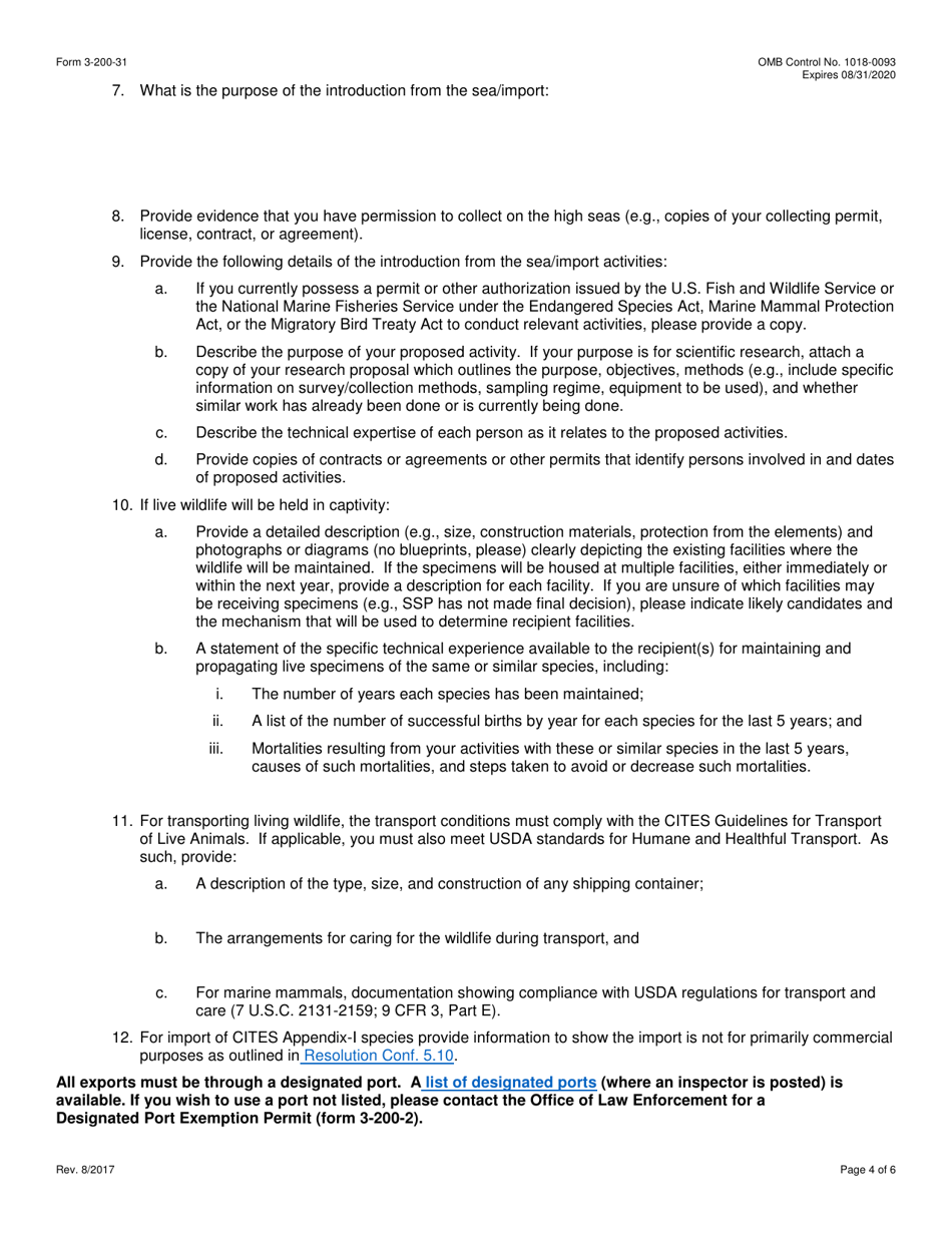 FWS Form 3-200-31 Federal Fish and Wildlife Permit Application Form - Introduction From the Sea Under the Convention on International Trade in Endangered Species (Cites), Page 4