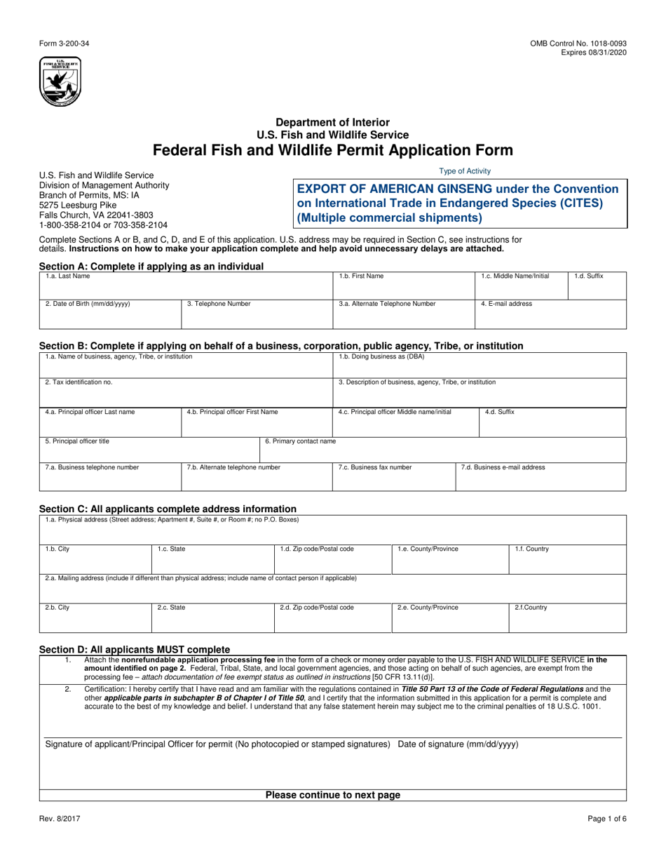 FWS Form 3-200-34 Federal Fish and Wildlife Permit Application Form - Export of American Ginseng Under the Convention on International Trade in Endangered Species (Cites) (Multiple Commercial Shipments), Page 1