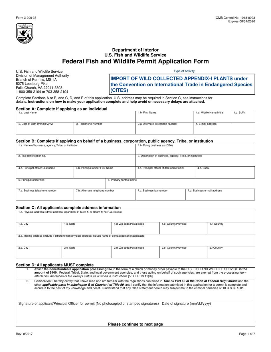 FWS Form 3-200-35 Federal Fish and Wildlife Permit Application Form - Import of Wild Collected Appendix-I Plants Under the Convention on International Trade in Endangered Species (Cites), Page 1