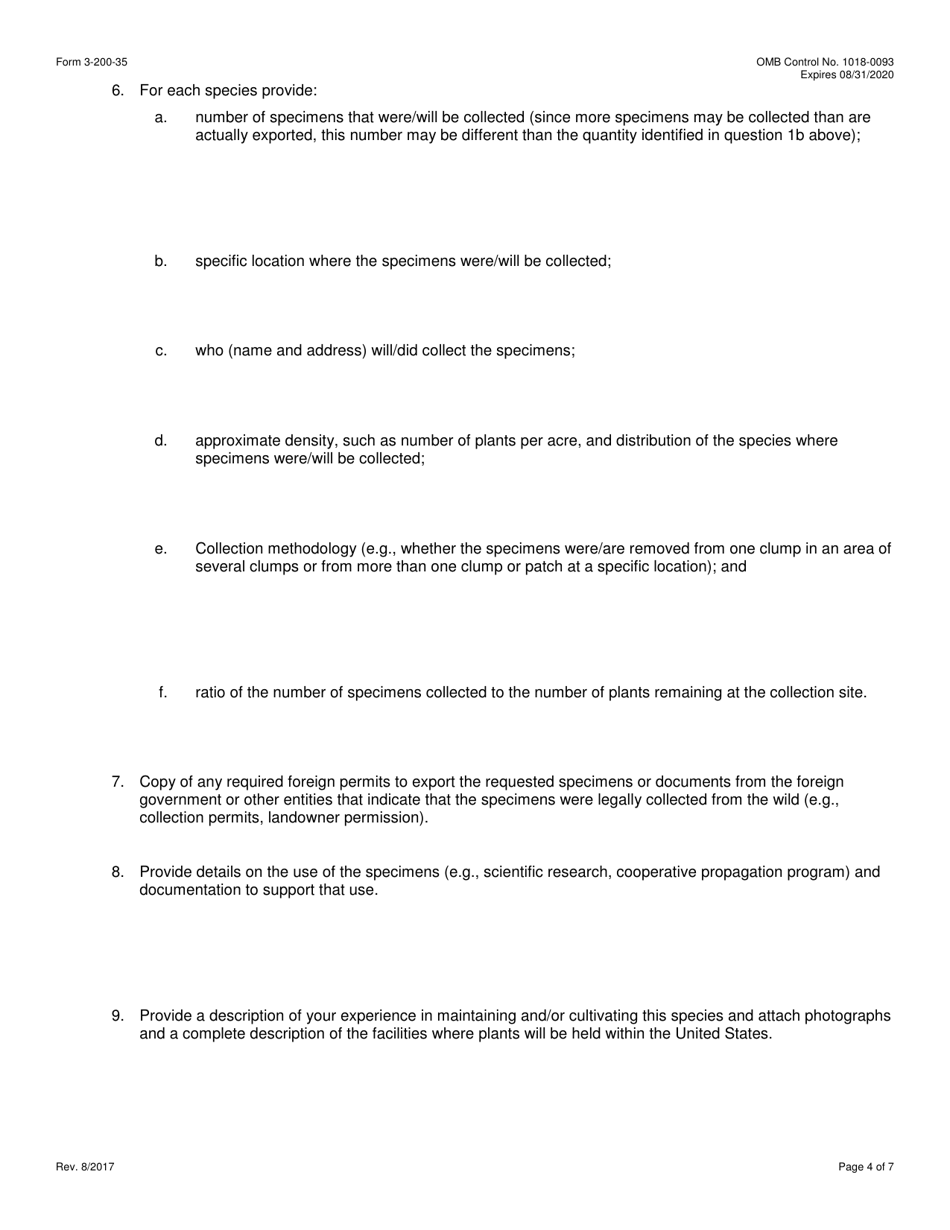 FWS Form 3-200-35 Federal Fish and Wildlife Permit Application Form - Import of Wild Collected Appendix-I Plants Under the Convention on International Trade in Endangered Species (Cites), Page 4