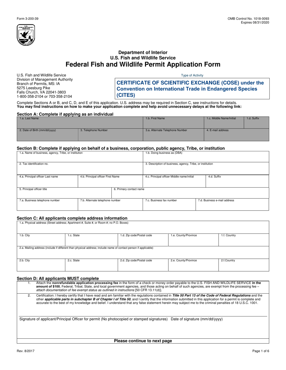 FWS Form 3-200-39 Federal Fish and Wildlife Permit Application Form - Certificate of Scientific Exchange (Cose) Under the Convention on International Trade in Endangered Species (Cites), Page 1