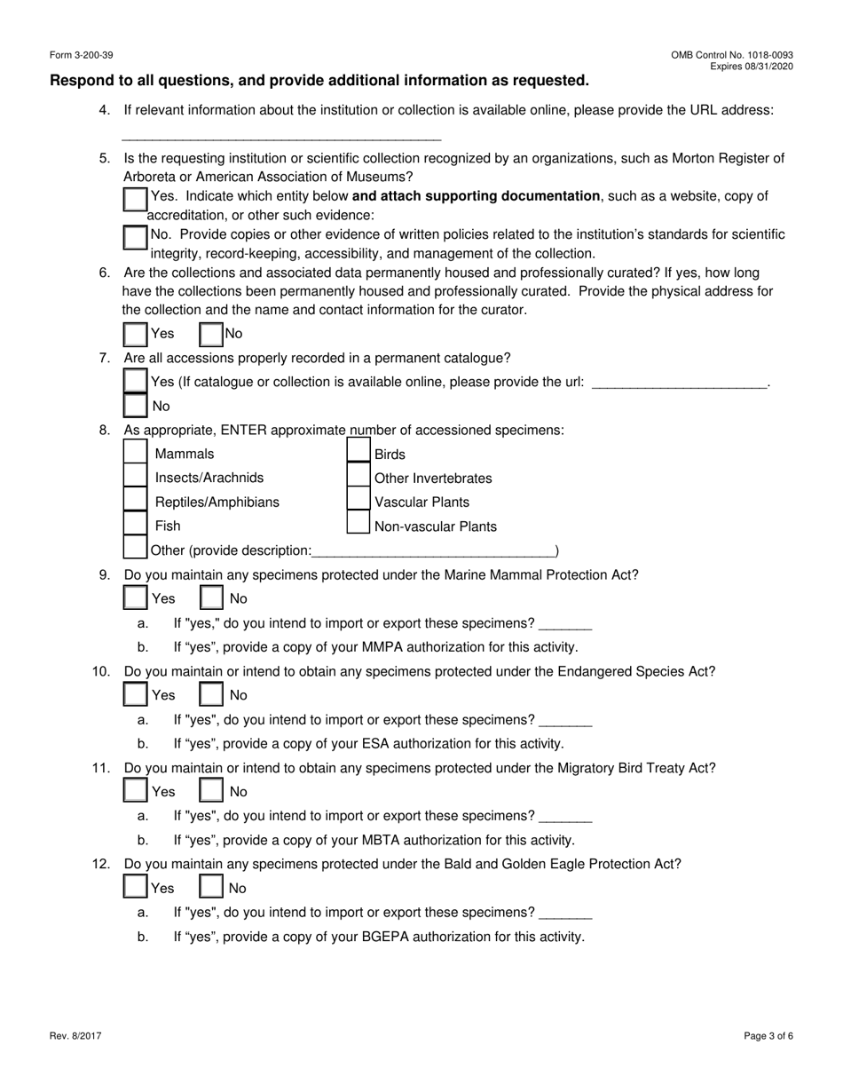 FWS Form 3-200-39 Federal Fish and Wildlife Permit Application Form - Certificate of Scientific Exchange (Cose) Under the Convention on International Trade in Endangered Species (Cites), Page 3