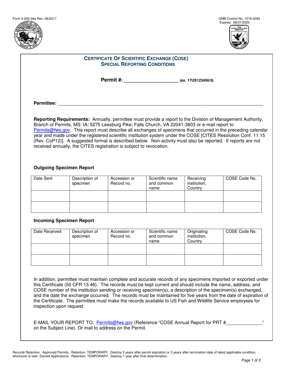 FWS Form 3-200-39A Certificate of Scientific Exchange (Cose) Special Reporting Conditions, Page 1