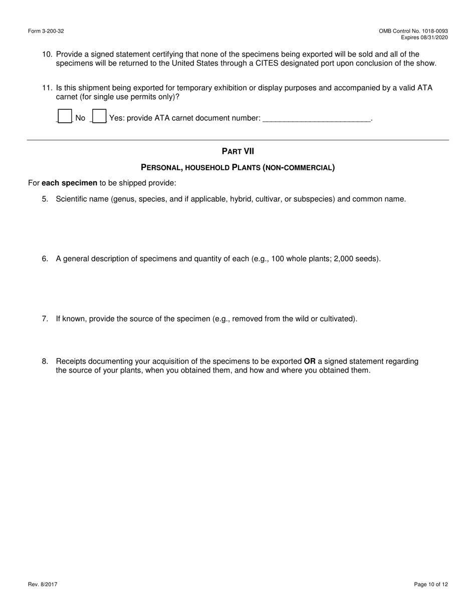 FWS Form 3-200-32 Federal Fish and Wildlife Permit Application Form - Export / Re-export of Plants and Plant Products Under the Convention on International Trade in Endangered Species (Cites), Page 10