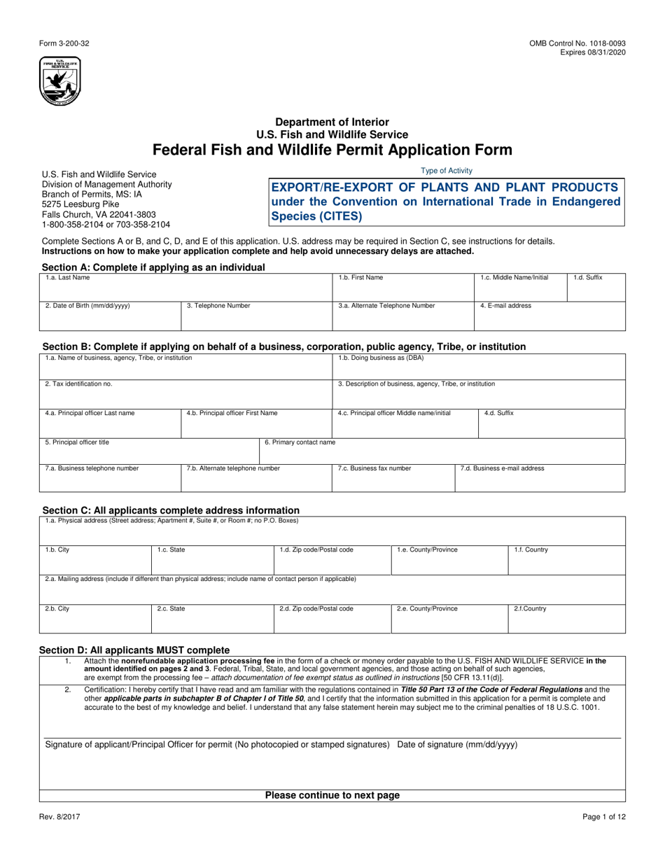 FWS Form 3-200-32 Federal Fish and Wildlife Permit Application Form - Export/Re-export of Plants and Plant Products Under the Convention on International Trade in Endangered Species (Cites), Page 1