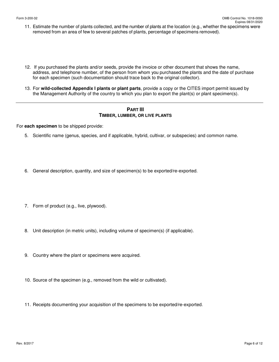 FWS Form 3-200-32 Federal Fish and Wildlife Permit Application Form - Export / Re-export of Plants and Plant Products Under the Convention on International Trade in Endangered Species (Cites), Page 6