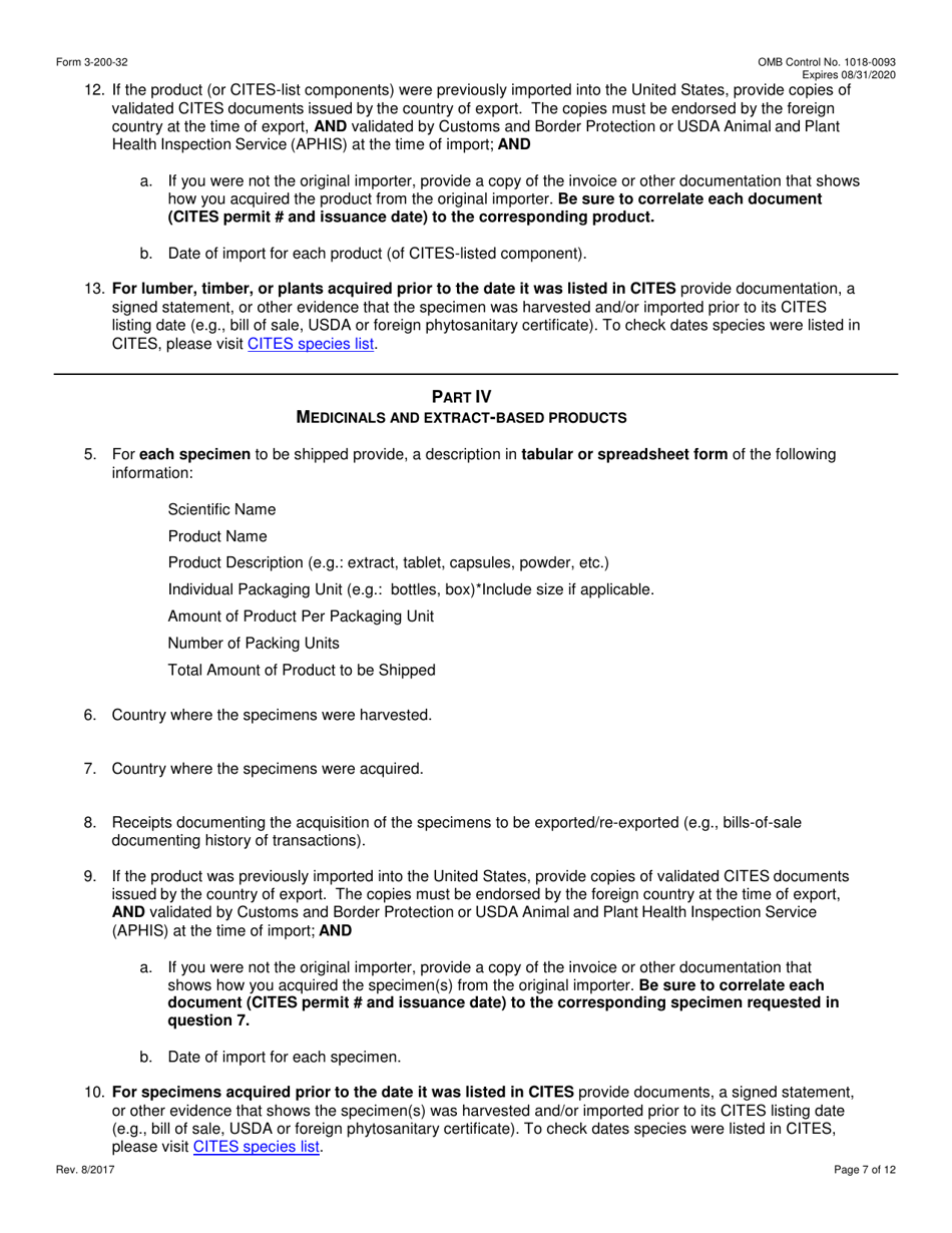 FWS Form 3-200-32 Federal Fish and Wildlife Permit Application Form - Export / Re-export of Plants and Plant Products Under the Convention on International Trade in Endangered Species (Cites), Page 7