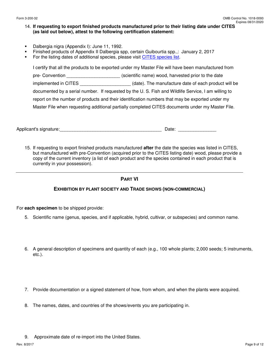 FWS Form 3-200-32 Federal Fish and Wildlife Permit Application Form - Export / Re-export of Plants and Plant Products Under the Convention on International Trade in Endangered Species (Cites), Page 9