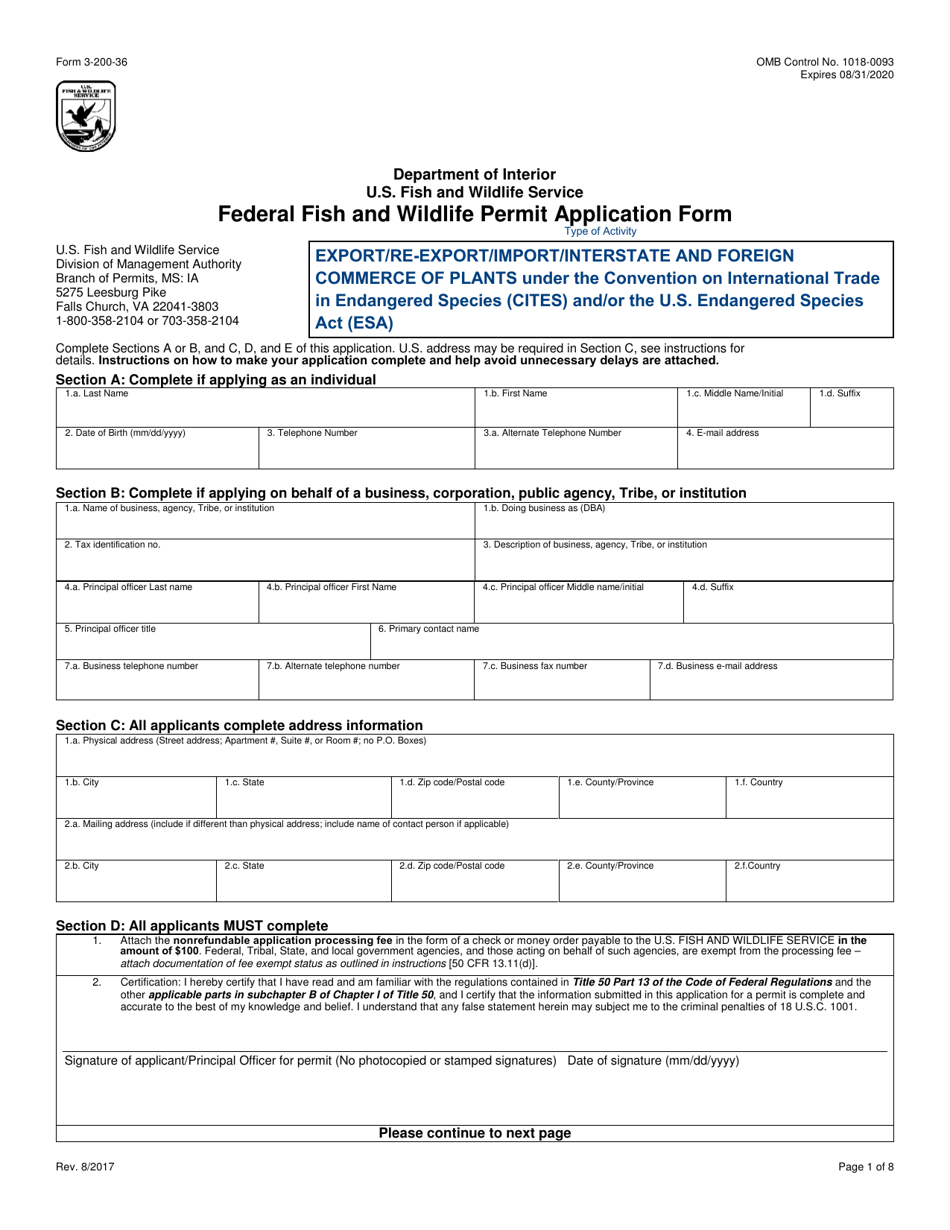 FWS Form 3-200-36 Federal Fish and Wildlife Permit Application Form - Export/Re-export/Import/Interstate and Foreign Commerce of Plants Under the Convention on International Trade in Endangered Species (Cites) and/or the U.S. Endangered Species Act (Esa), Page 1