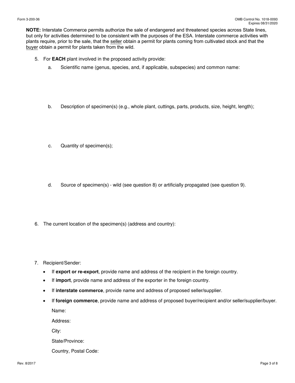 FWS Form 3-200-36 Federal Fish and Wildlife Permit Application Form - Export / Re-export / Import / Interstate and Foreign Commerce of Plants Under the Convention on International Trade in Endangered Species (Cites) and / or the U.S. Endangered Species Act (Esa), Page 3