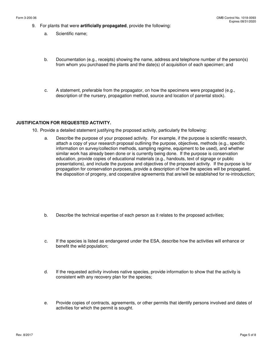FWS Form 3-200-36 Federal Fish and Wildlife Permit Application Form - Export / Re-export / Import / Interstate and Foreign Commerce of Plants Under the Convention on International Trade in Endangered Species (Cites) and / or the U.S. Endangered Species Act (Esa), Page 5