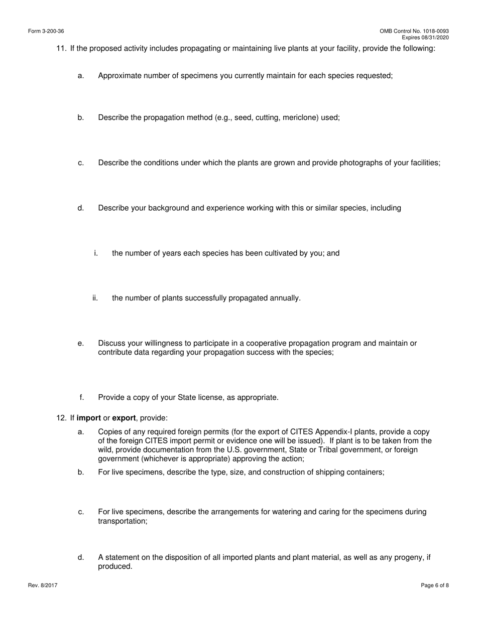 FWS Form 3-200-36 Federal Fish and Wildlife Permit Application Form - Export / Re-export / Import / Interstate and Foreign Commerce of Plants Under the Convention on International Trade in Endangered Species (Cites) and / or the U.S. Endangered Species Act (Esa), Page 6