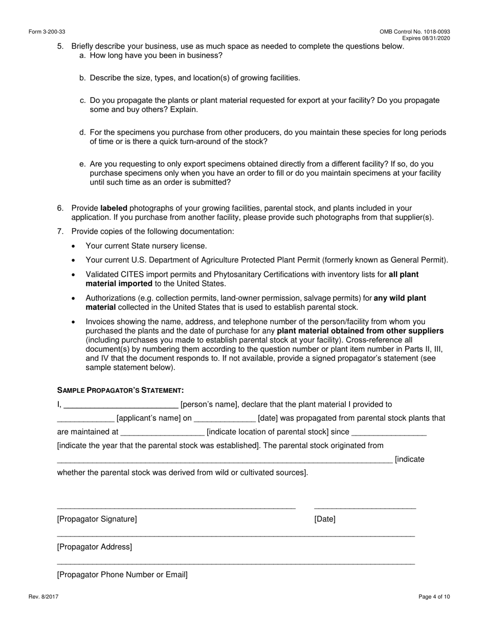 FWS Form 3-200-33 Federal Fish and Wildlife Permit Application Form - Export of Artificially Propagated Live Plants (Single and Multiple Commercial Shipments), Page 4