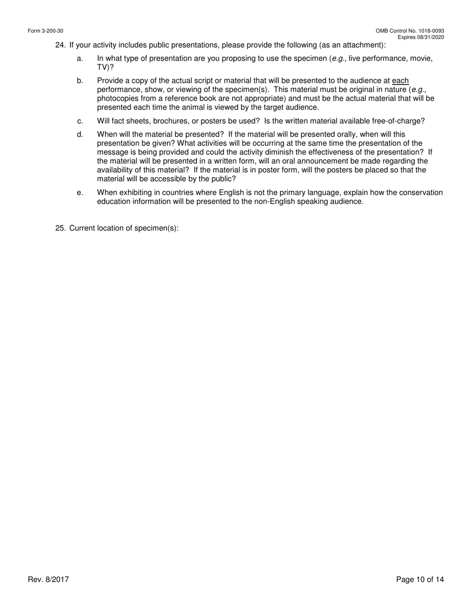 FWS Form 3-200-30 Federal Fish and Wildlife Permit Application Form - Export / Re-export / Re-import of Traveling Exhibitions (And Reissuance) Under the Convention on International Trade in Endangered Species (Cites) and / or U.S. Endangered Species Act (Esa), Page 10