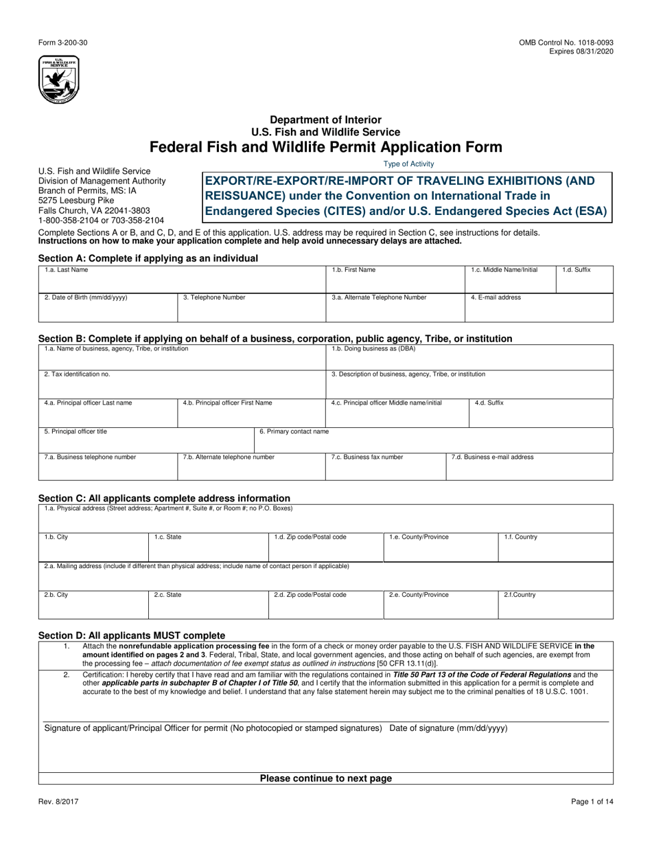 FWS Form 3-200-30 Federal Fish and Wildlife Permit Application Form - Export/Re-export/Re-import of Traveling Exhibitions (And Reissuance) Under the Convention on International Trade in Endangered Species (Cites) and/or U.S. Endangered Species Act (Esa), Page 1