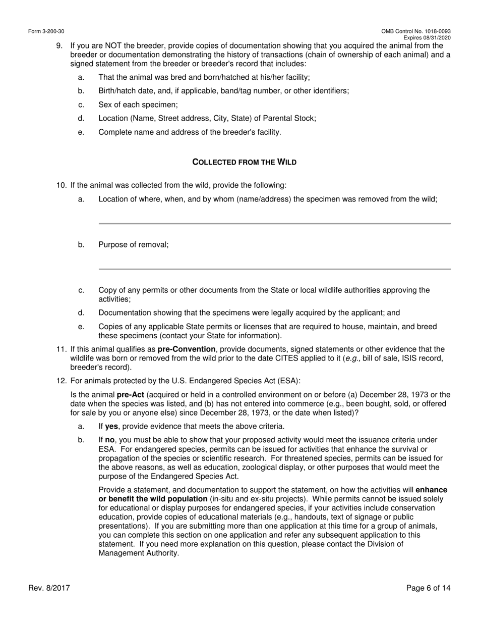FWS Form 3-200-30 Federal Fish and Wildlife Permit Application Form - Export / Re-export / Re-import of Traveling Exhibitions (And Reissuance) Under the Convention on International Trade in Endangered Species (Cites) and / or U.S. Endangered Species Act (Esa), Page 6