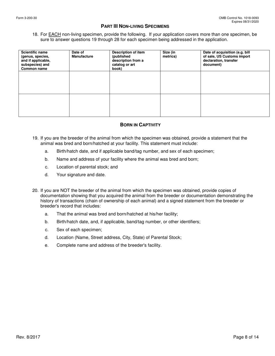 FWS Form 3-200-30 Federal Fish and Wildlife Permit Application Form - Export / Re-export / Re-import of Traveling Exhibitions (And Reissuance) Under the Convention on International Trade in Endangered Species (Cites) and / or U.S. Endangered Species Act (Esa), Page 8