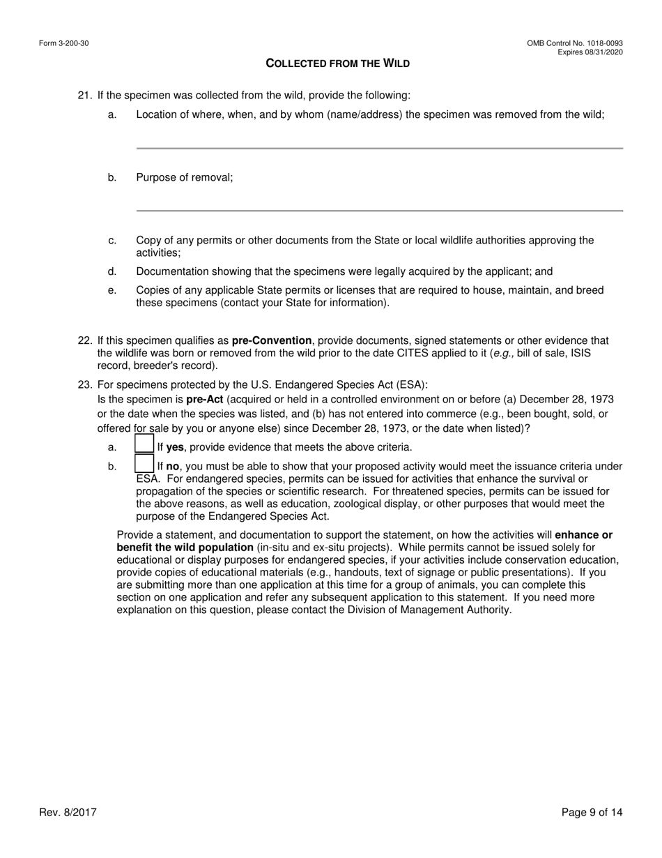 FWS Form 3-200-30 Federal Fish and Wildlife Permit Application Form - Export / Re-export / Re-import of Traveling Exhibitions (And Reissuance) Under the Convention on International Trade in Endangered Species (Cites) and / or U.S. Endangered Species Act (Esa), Page 9