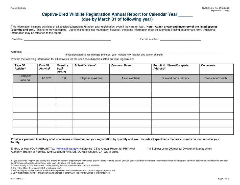 FWS Form 3-200-41A Captive-Bred Wildlife Registration Annual Report, Page 1