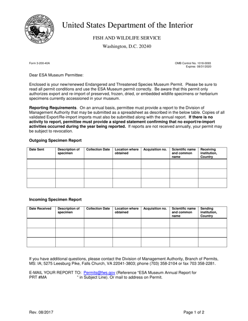 FWS Form 3-200-40A Esa Museum Permittee Reporting Requirements