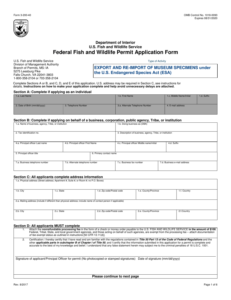 FWS Form 3-200-40 Federal Fish and Wildlife Permit Application Form - Export and Re-import of Museum Specimens Under the U.S. Endangered Species Act (Esa), Page 1