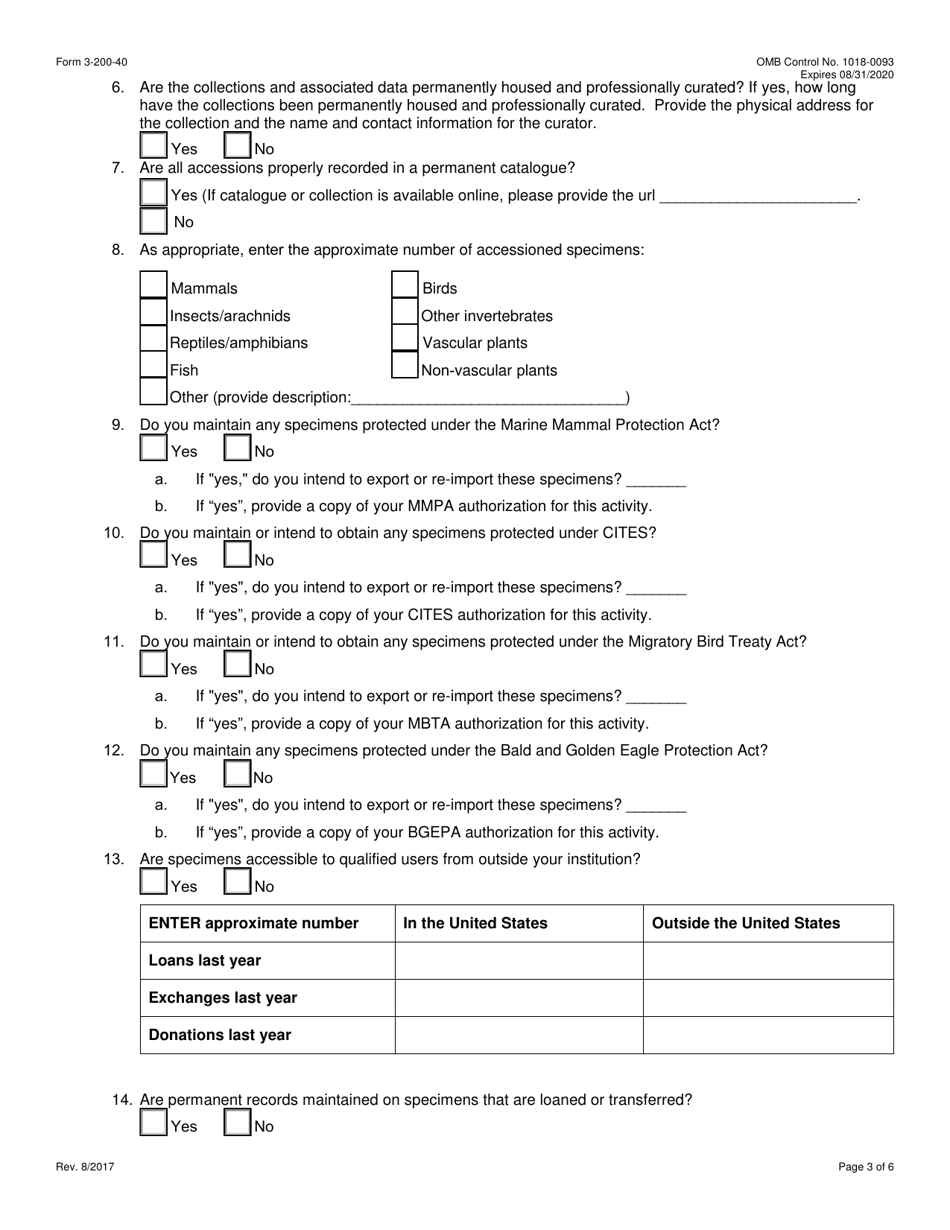 FWS Form 3-200-40 Federal Fish and Wildlife Permit Application Form - Export and Re-import of Museum Specimens Under the U.S. Endangered Species Act (Esa), Page 3