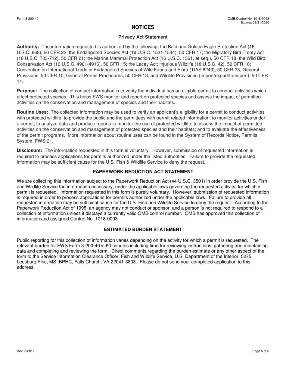 FWS Form 3-200-40 Federal Fish and Wildlife Permit Application Form - Export and Re-import of Museum Specimens Under the U.S. Endangered Species Act (Esa), Page 6