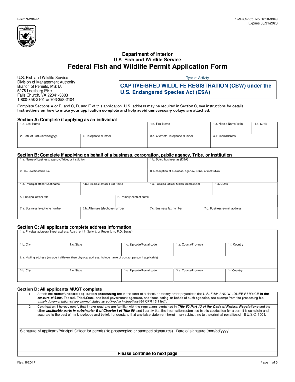 FWS Form 3-200-41 Federal Fish and Wildlife Permit Application Form - Captive-Bred Wildlife Registration (Cbw) Under the U.S. Endangered Species Act (Esa), Page 1
